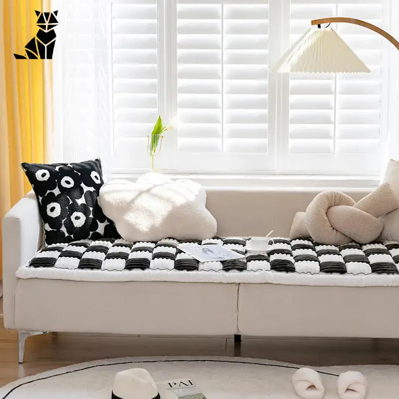 Housse de canapé à carreaux crème : Protection élégante pour canapé blanc avec coussins, idéale pour les maisons avec animaux