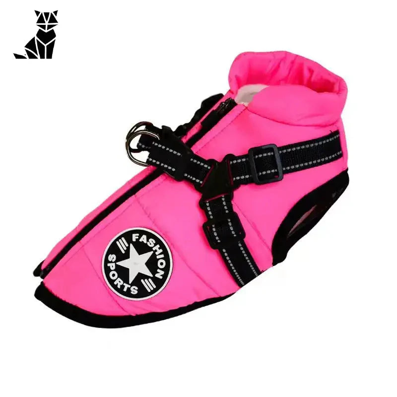Chaussure pour chien rose avec étoile noire sur le côté - parfaitement assortie à Comfort Coat for Dogs, harnais intégré
