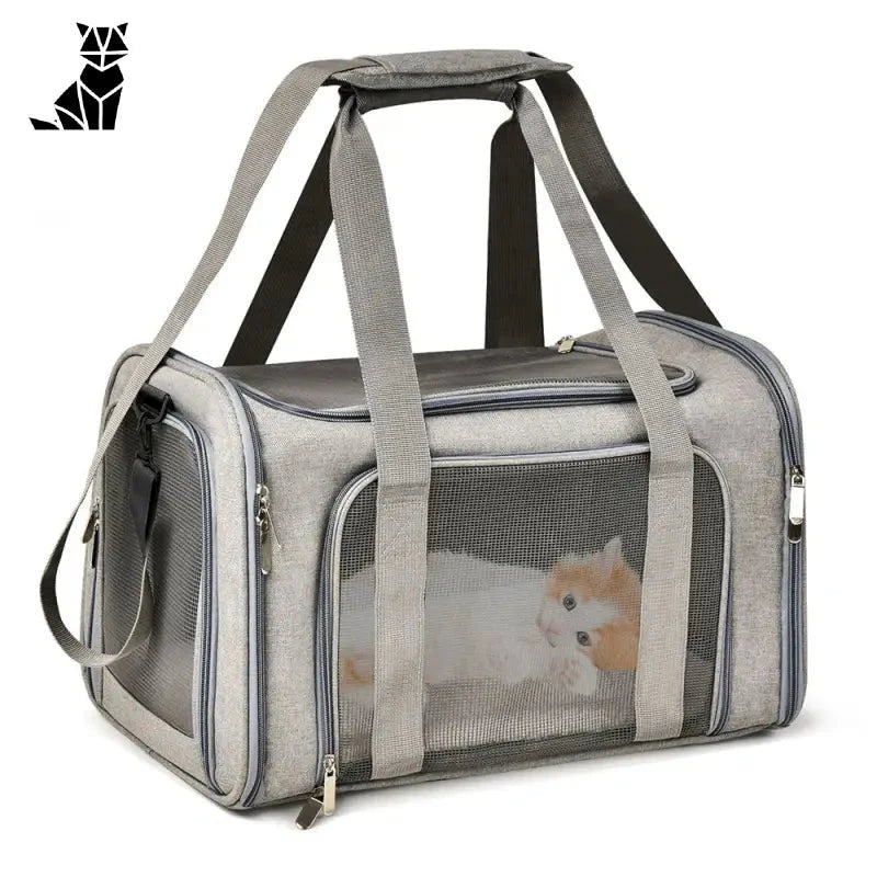 Sac de transport gris avec petit chien à l’intérieur - Easy to Carry Dog Carrier Bag - Facile à transporter